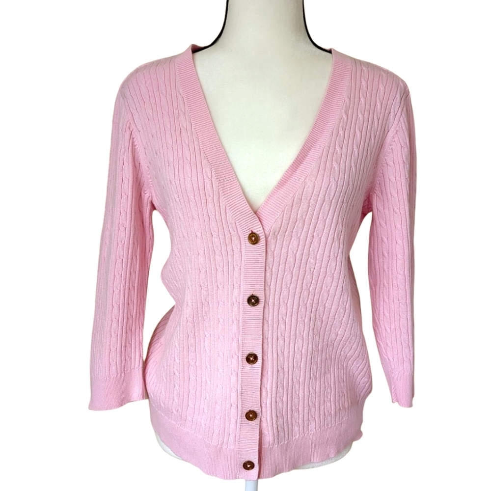Chaps Classic Cable Knit Button Up Cardigan Sweater MEDIUM Pink